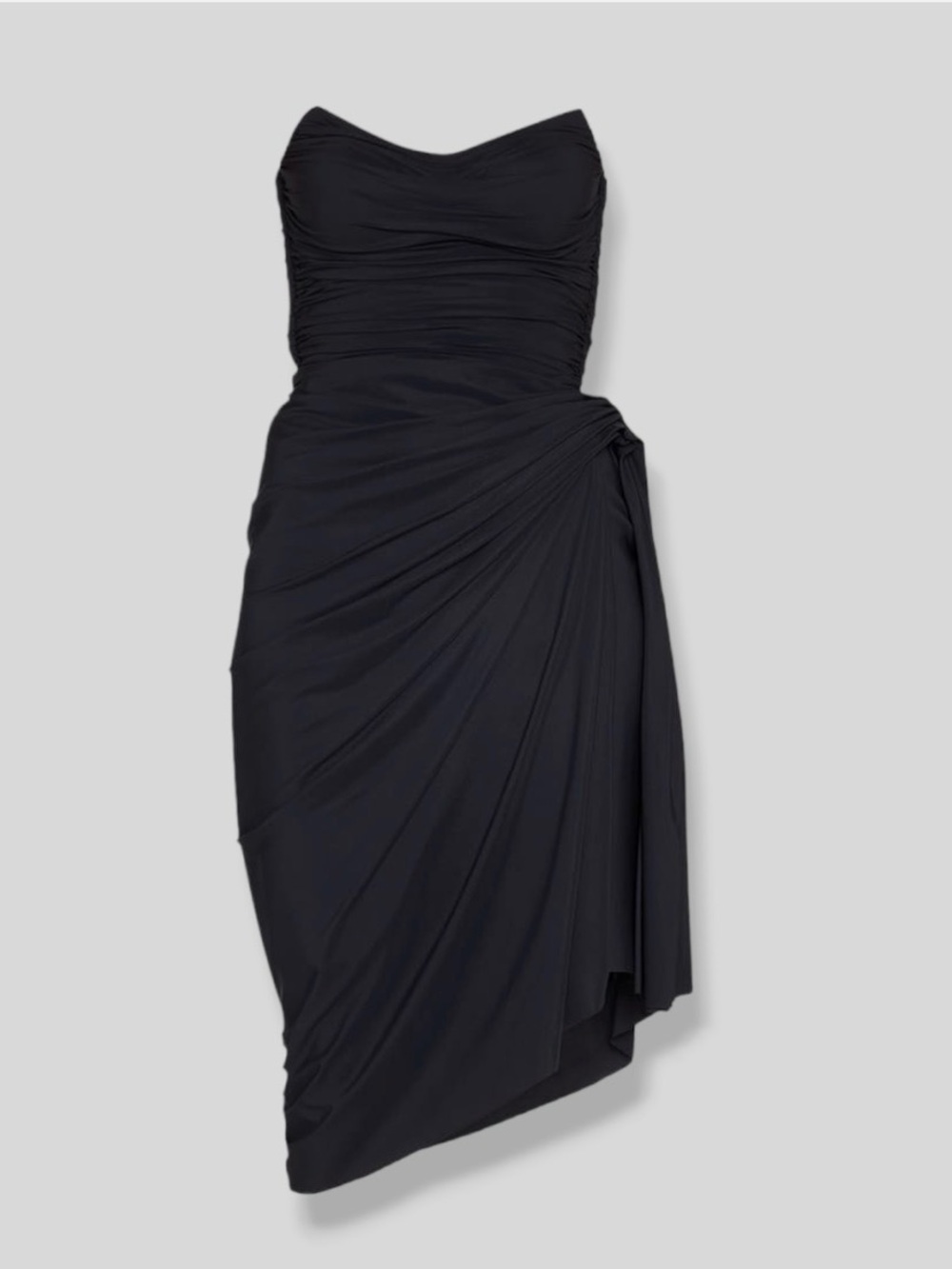 Chiara Boni Yunka SJE Strapless Black Draped Ruched Sheath Dress